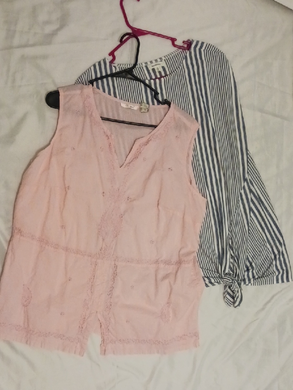 2 Women's Sleeveless Shirts,  1 pink embroidered, and 1 grey and white striped.